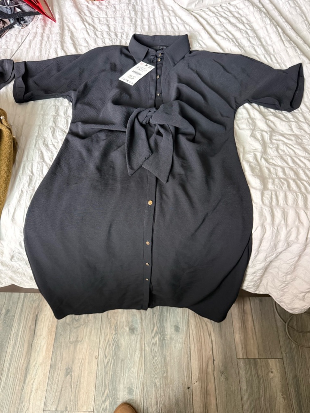 Zara Black Button-Front Tie-Waist Shirt Dress